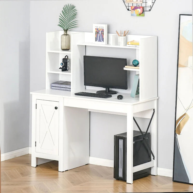 Farmhouse Computer Desk with Hutch, 2-Door Cabinet and 8 Open Shelves