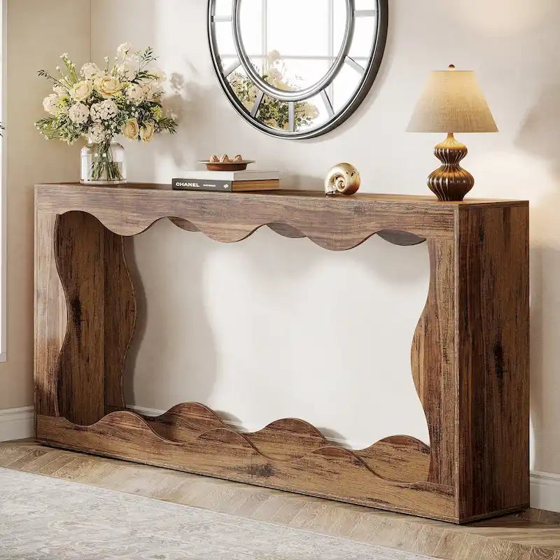 63-Inch Wood Console Table with Wavy Edge Detail – Entryway and Living Room Table