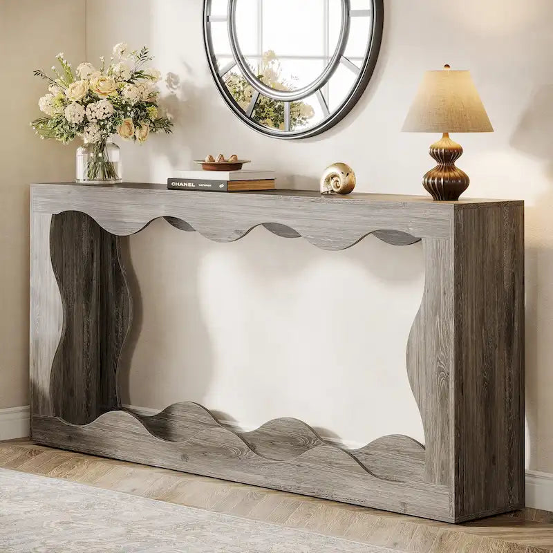 63-Inch Wood Console Table with Wavy Edge Detail – Entryway and Living Room Table