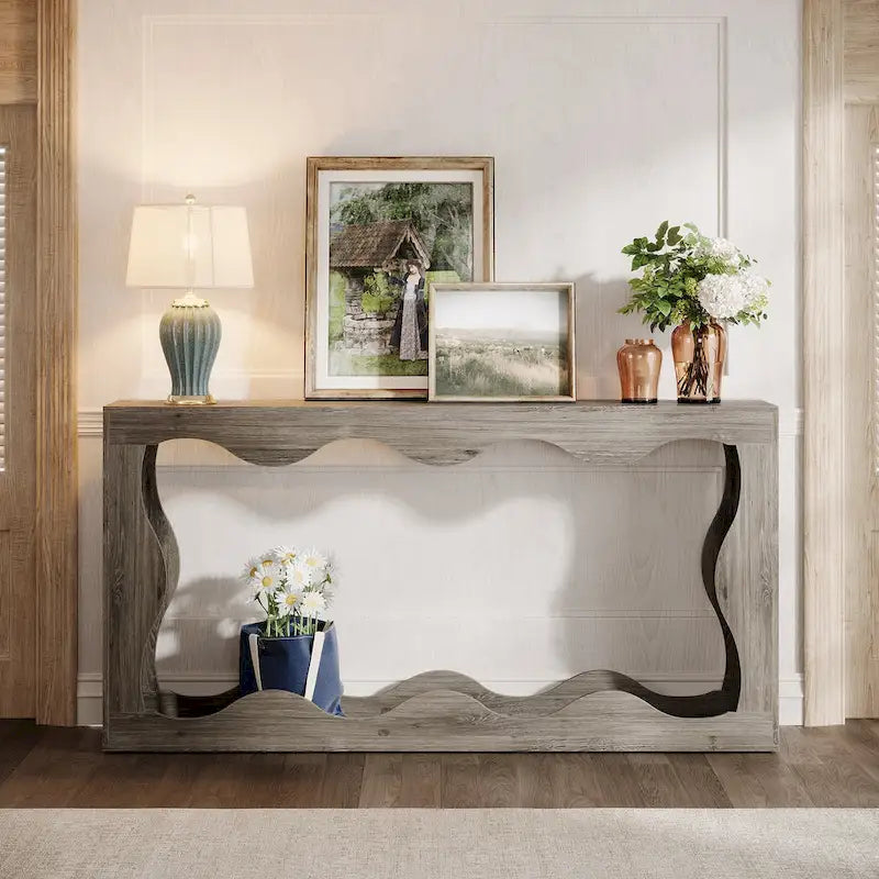 63-Inch Wood Console Table with Wavy Edge Detail – Entryway and Living Room Table