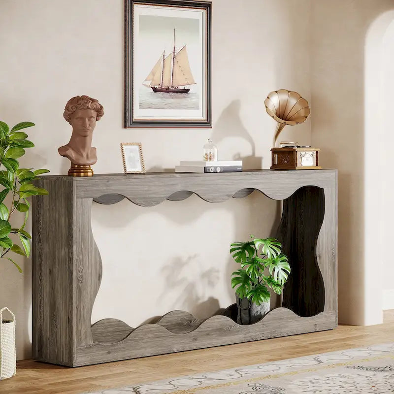 63-Inch Wood Console Table with Wavy Edge Detail – Entryway and Living Room Table