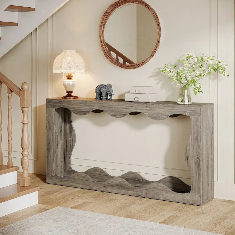 63-Inch Wood Console Table with Wavy Edge Detail – Entryway and Living Room Table