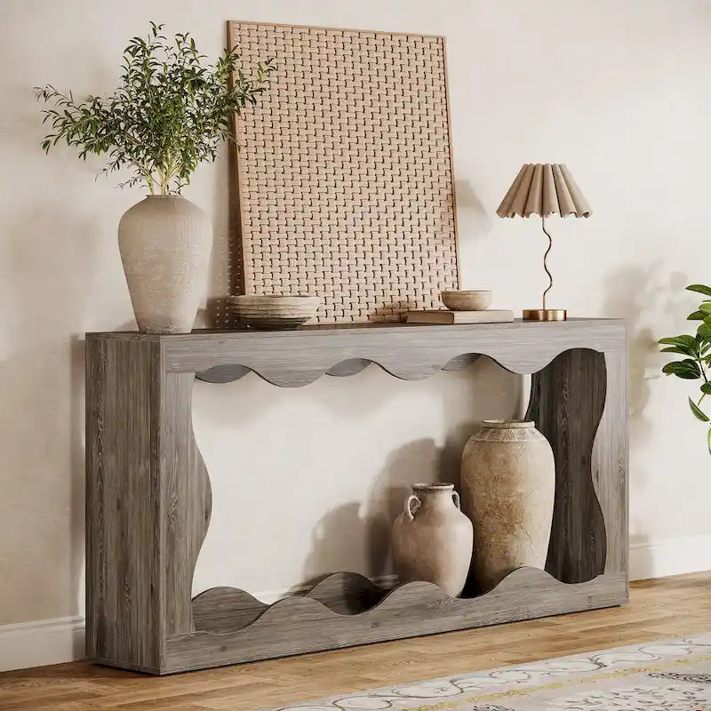 63-Inch Wood Console Table with Wavy Edge Detail – Entryway and Living Room Table