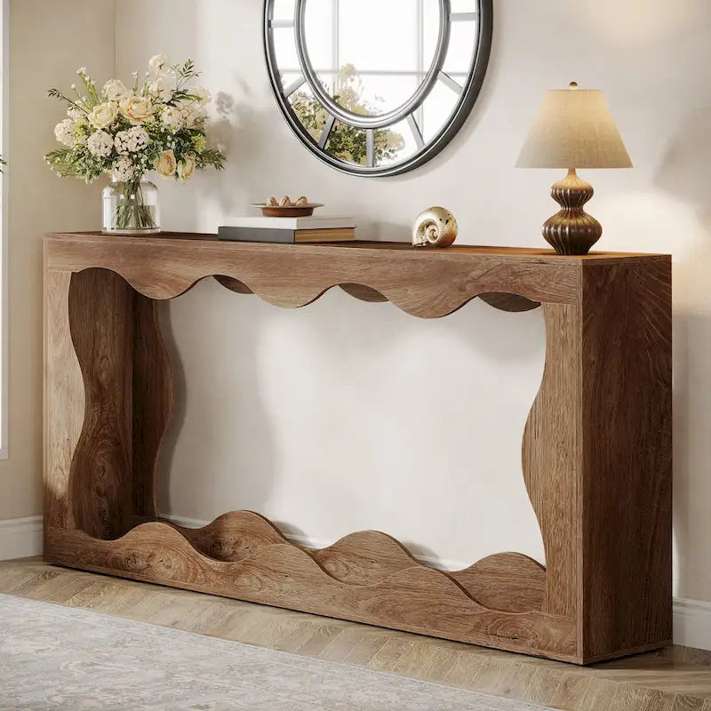 63-Inch Wood Console Table with Wavy Edge Detail – Entryway and Living Room Table