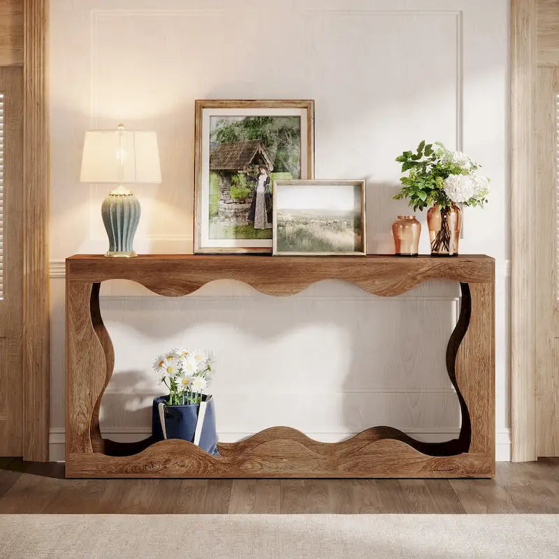 63-Inch Wood Console Table with Wavy Edge Detail – Entryway and Living Room Table