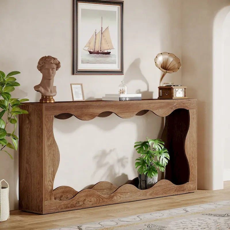 63-Inch Wood Console Table with Wavy Edge Detail – Entryway and Living Room Table