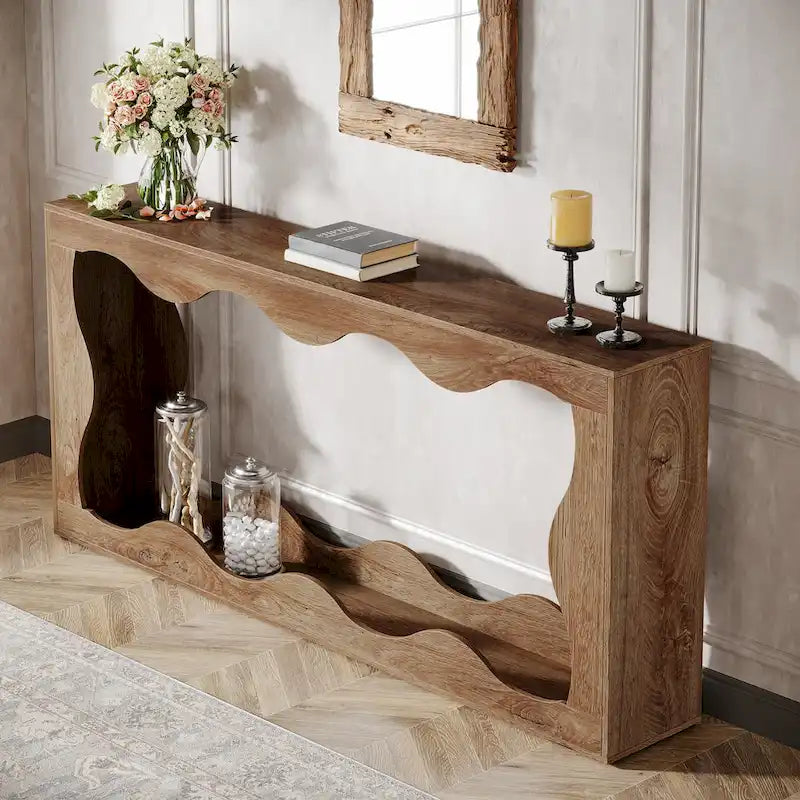 63-Inch Wood Console Table with Wavy Edge Detail – Entryway and Living Room Table
