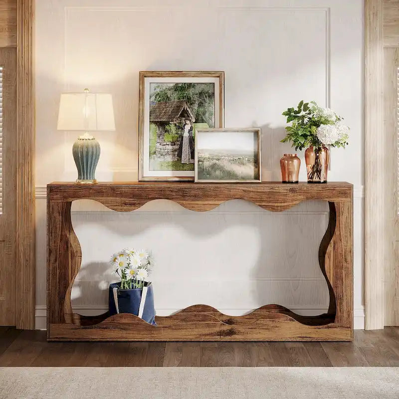 63-Inch Wood Console Table with Wavy Edge Detail – Entryway and Living Room Table
