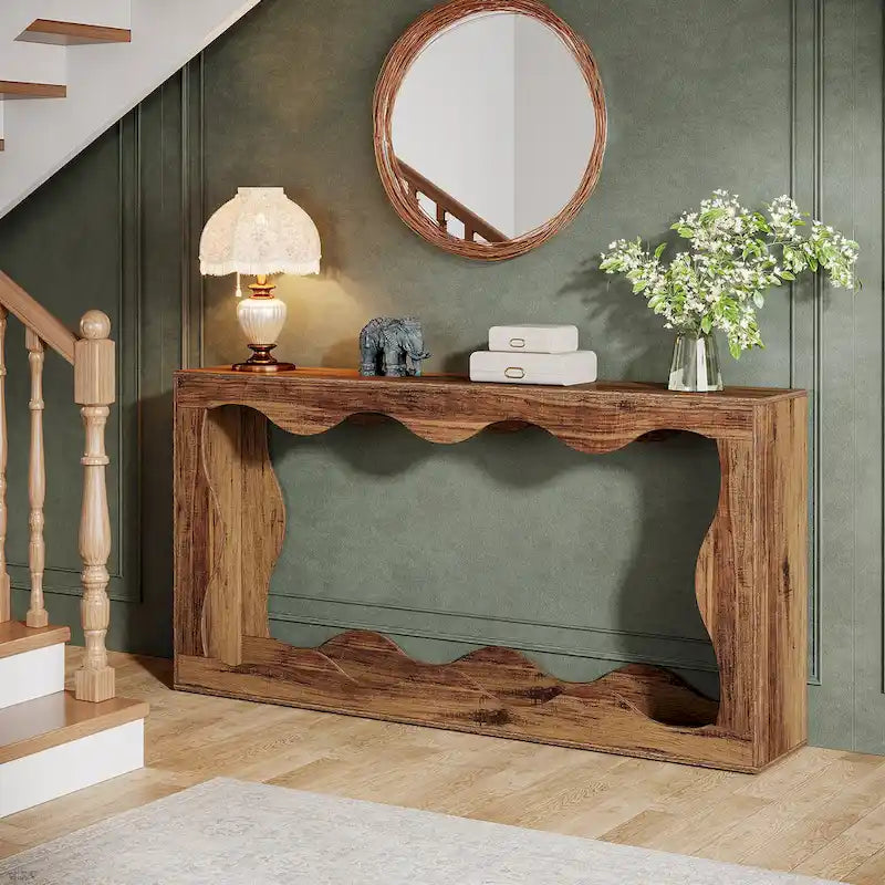 63-Inch Wood Console Table with Wavy Edge Detail – Entryway and Living Room Table