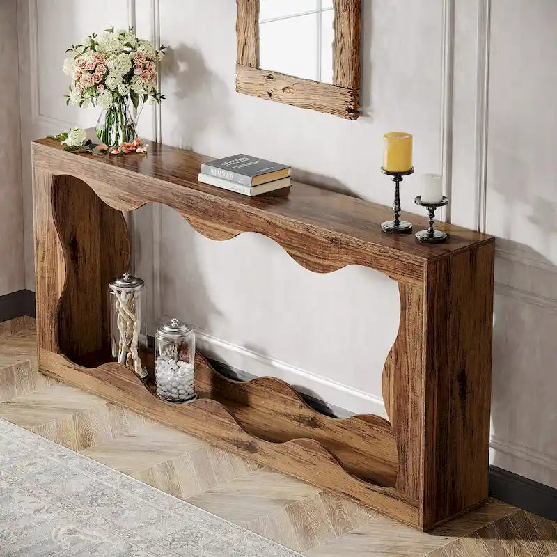 63-Inch Wood Console Table with Wavy Edge Detail – Entryway and Living Room Table