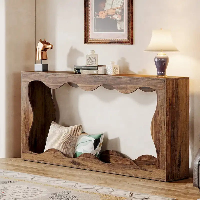 63-Inch Wood Console Table with Wavy Edge Detail – Entryway and Living Room Table