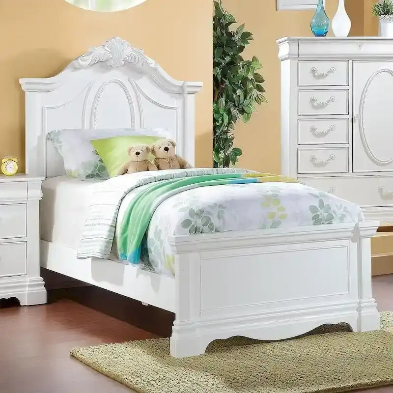 Lit en bois avec tête de lit arquée, finition blanche