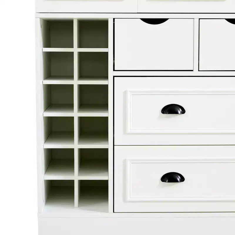 Armoire de cuisine autoportante haute Whisen 71, grand buffet de rangement pour salle à manger avec 4 portes pliantes, étagères et casiers à vin