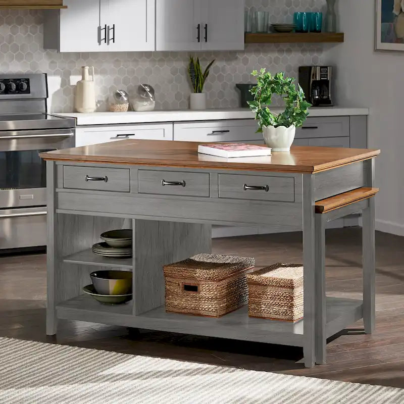 Îlot de cuisine extensible Eleanor bicolore avec finition antique et 3 tiroirs par iNSPIRE Q Classic
