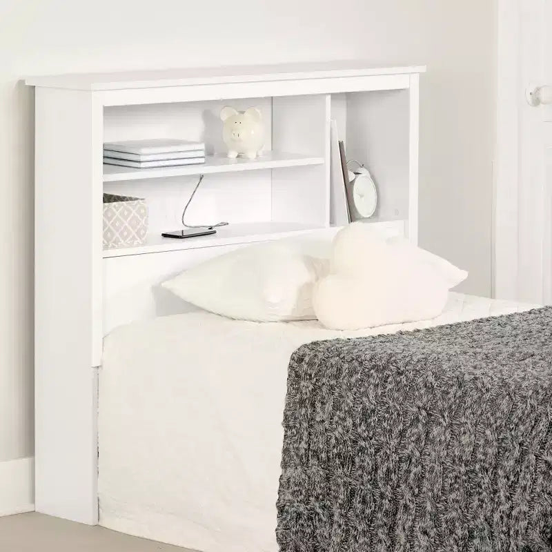 Tête de lit bibliothèque pour lit simple Vito Blanc pur - South Shore : Tête de lit moderne pour lit simple avec tablettes, panneaux de particules
