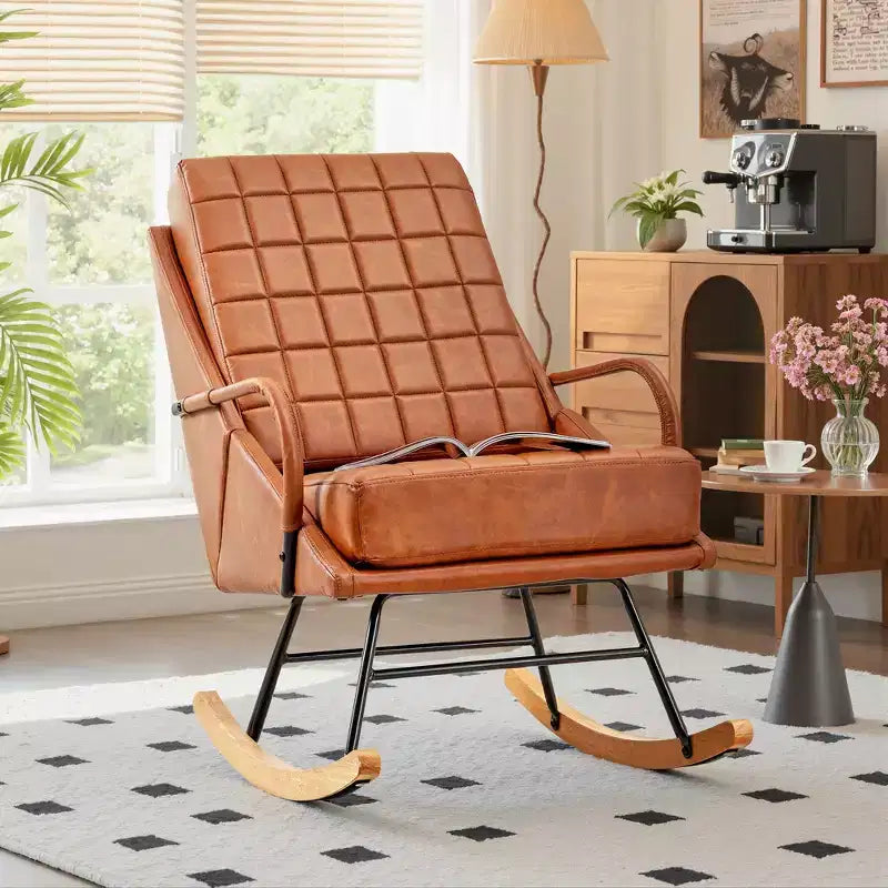 VECELO Fauteuil à bascule en similicuir/tissu Teddy, fauteuil inclinable de salon moderne avec assise rembourrée, base en bois massif sécurisée Blanc/Marron