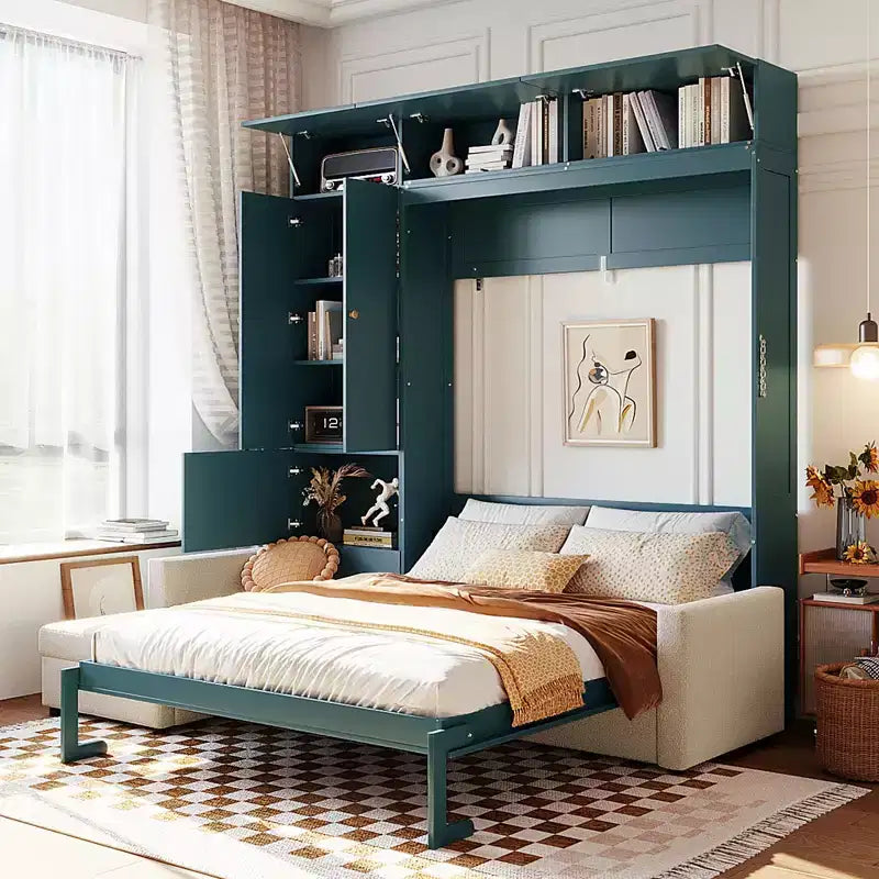 Lit escamotable Queen size avec canapé et armoire, Lit mural Queen en bois avec étagères, Lit escamotable pour chambre d'amis ou bureau