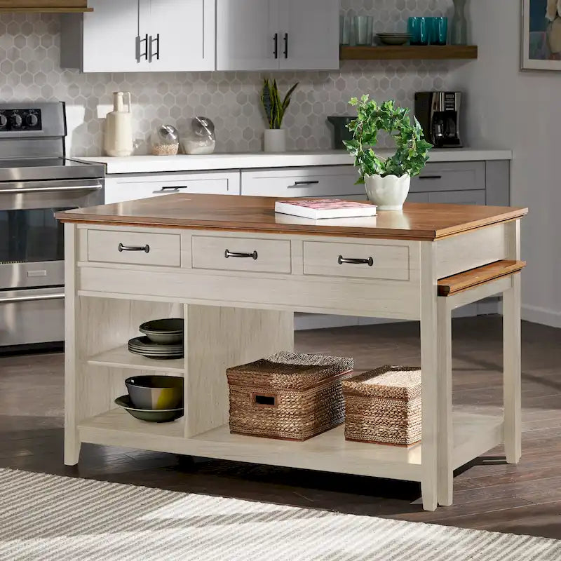 Îlot de cuisine extensible Eleanor bicolore avec finition antique et 3 tiroirs par iNSPIRE Q Classic