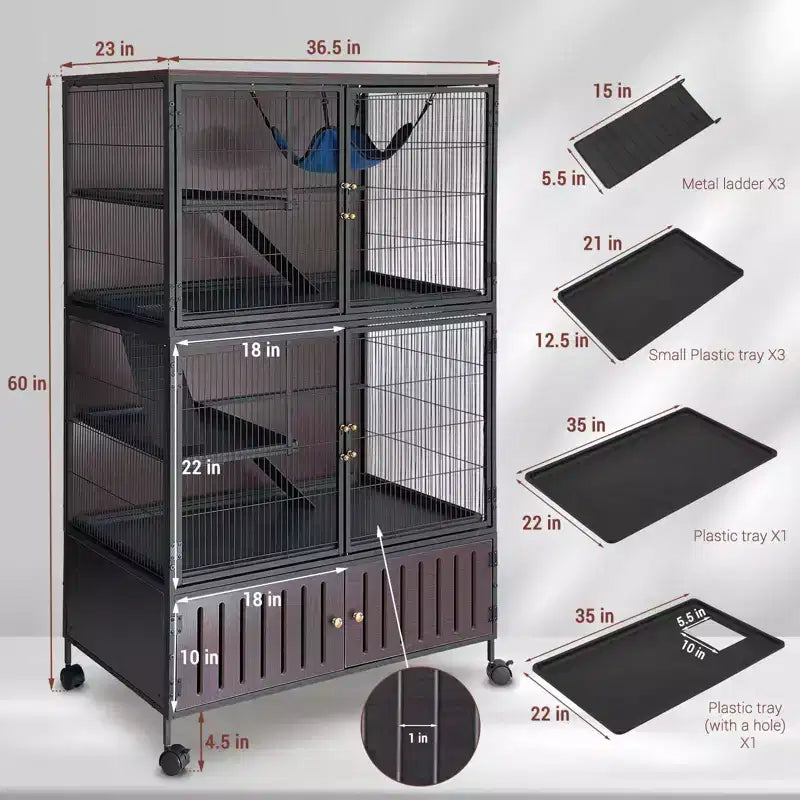 Cage pour petits animaux, cage pour furet - Habitat à 5 niveaux de 59 po avec meuble de rangement, comprend hamac/roulettes/rampes amovibles/plateaux faciles à nettoyer
