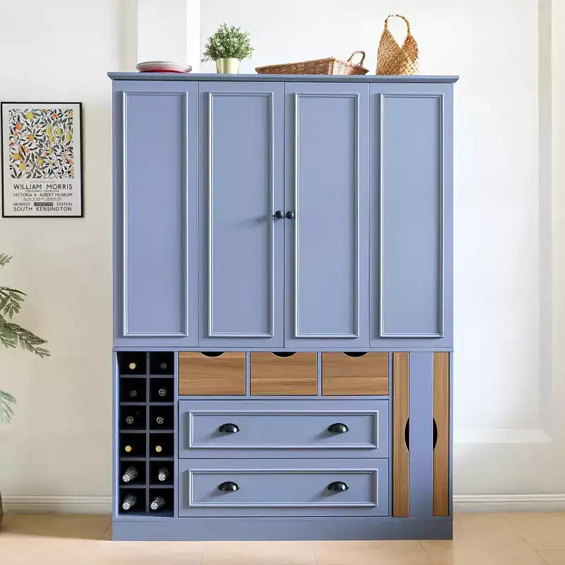 Armoire de cuisine autoportante haute Whisen 71, grand buffet de rangement pour salle à manger avec 4 portes pliantes, étagères et casiers à vin