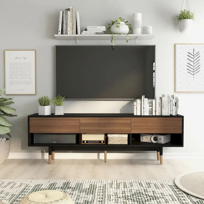 71-Inch Mid-Century Modern TV Console with 3 Drawers and Open Shelves