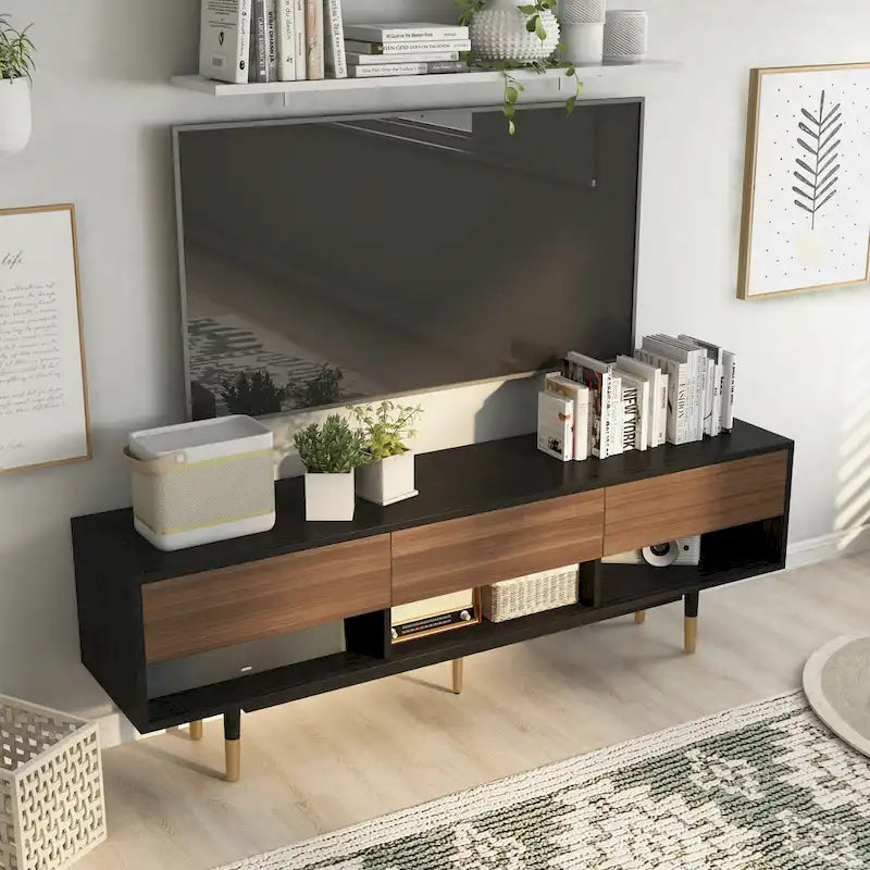 71-Inch Mid-Century Modern TV Console with 3 Drawers and Open Shelves