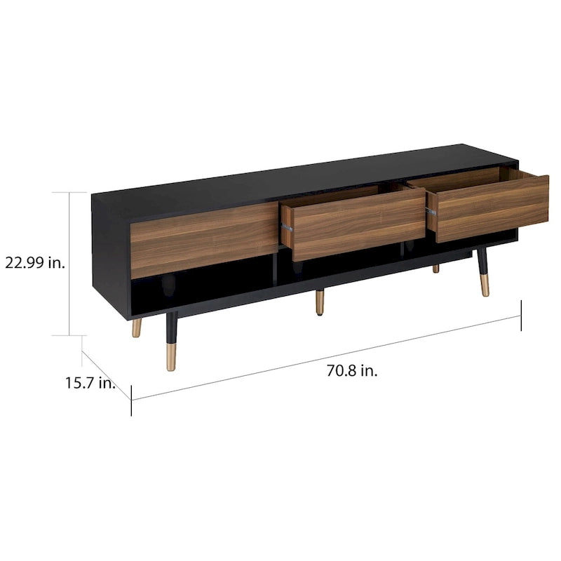 71-Inch Mid-Century Modern TV Console with 3 Drawers and Open Shelves