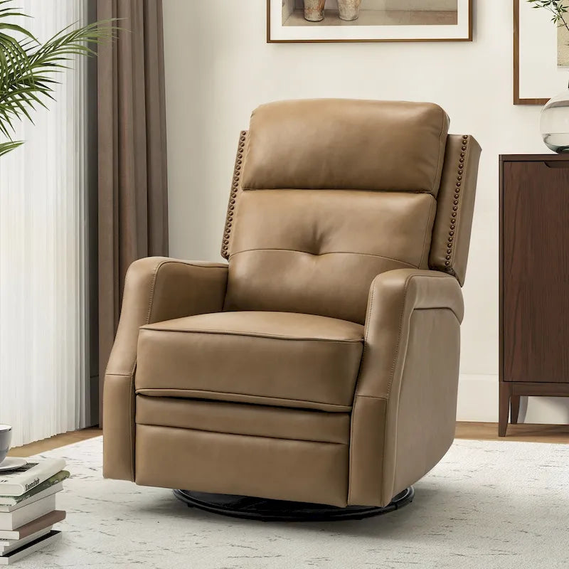 360-Degree Swivel Recliner with Tufted Back, Nailhead Trim and Metal Base