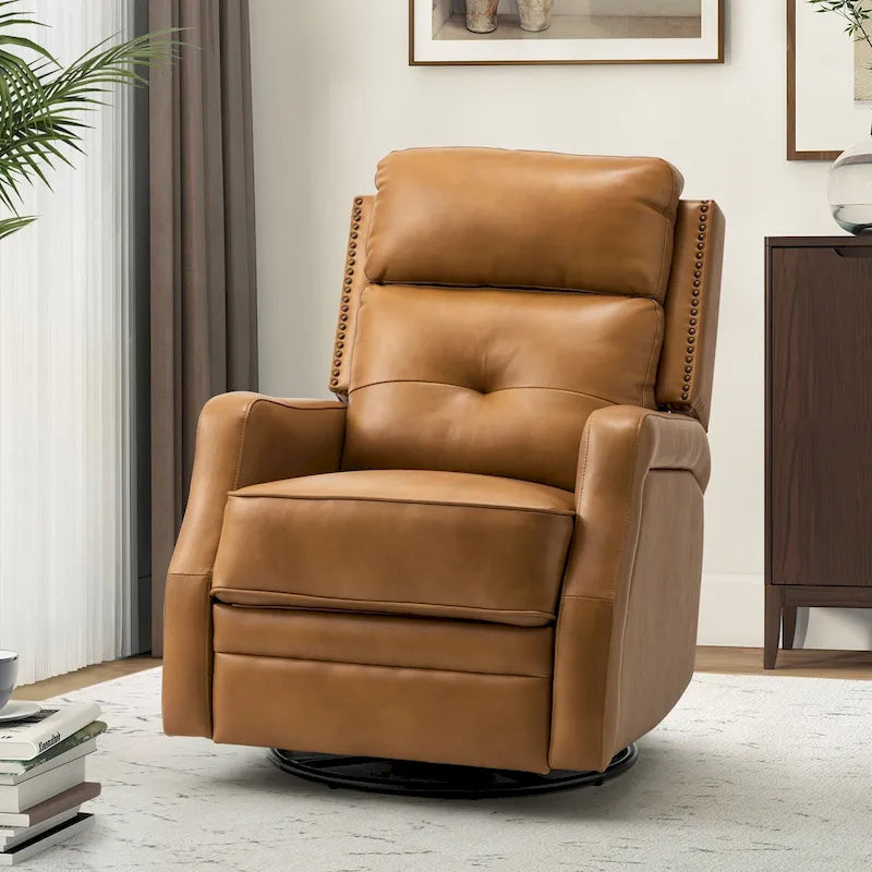 360-Degree Swivel Recliner with Tufted Back, Nailhead Trim and Metal Base