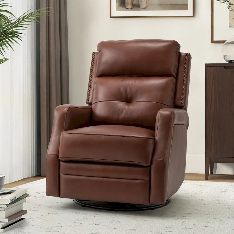 360-Degree Swivel Recliner with Tufted Back, Nailhead Trim and Metal Base