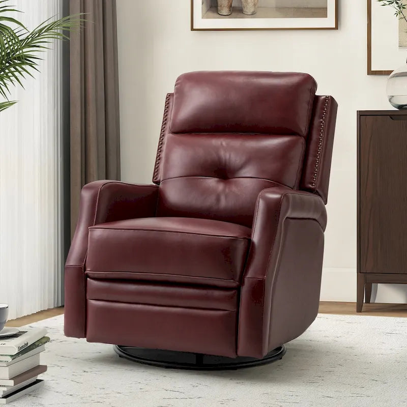 360-Degree Swivel Recliner with Tufted Back, Nailhead Trim and Metal Base