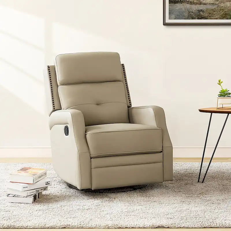 360-Degree Swivel Recliner with Tufted Back, Nailhead Trim and Metal Base