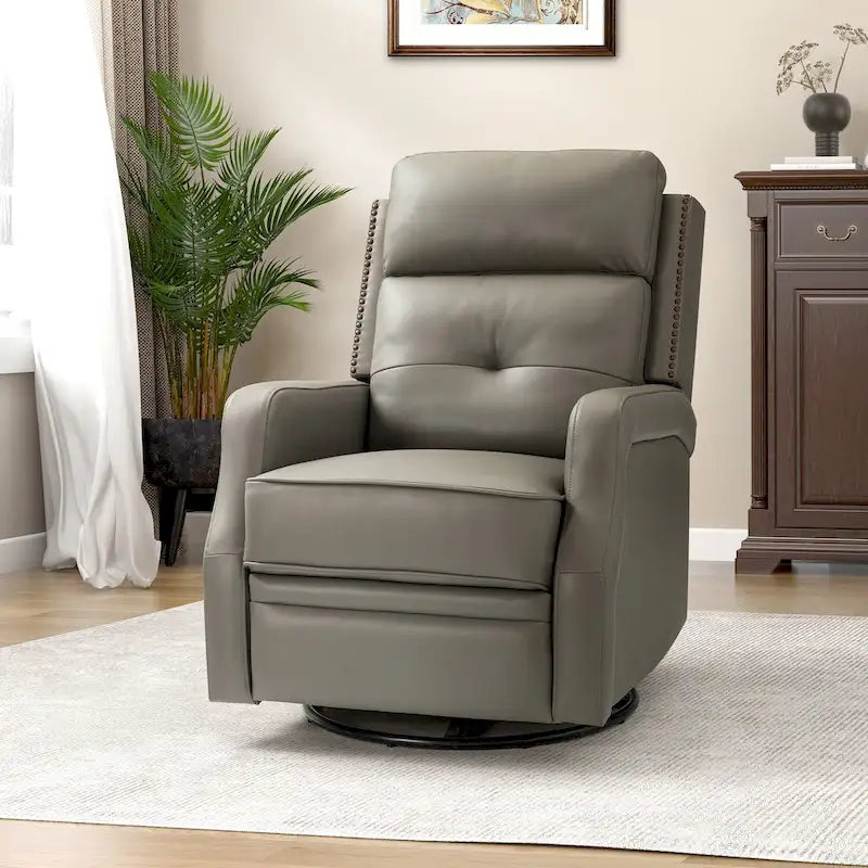 360-Degree Swivel Recliner with Tufted Back, Nailhead Trim and Metal Base