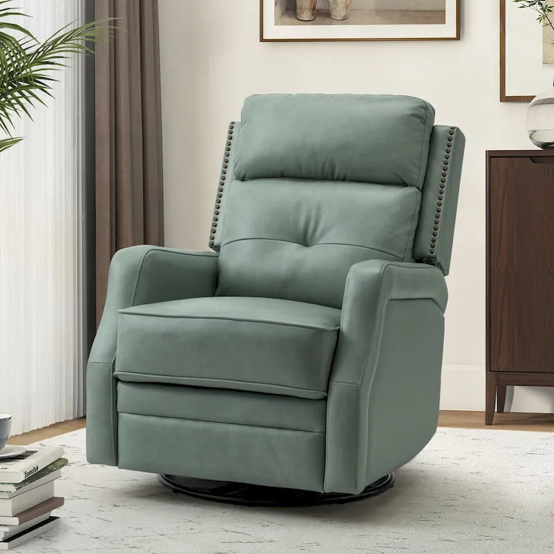 360-Degree Swivel Recliner with Tufted Back, Nailhead Trim and Metal Base