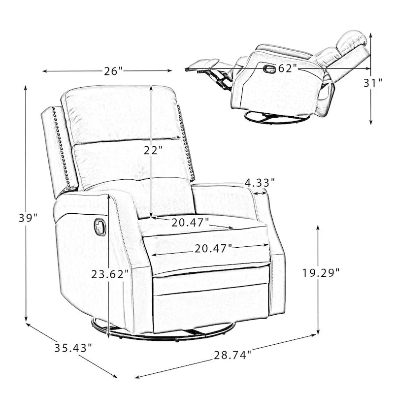 360-Degree Swivel Recliner with Tufted Back, Nailhead Trim and Metal Base