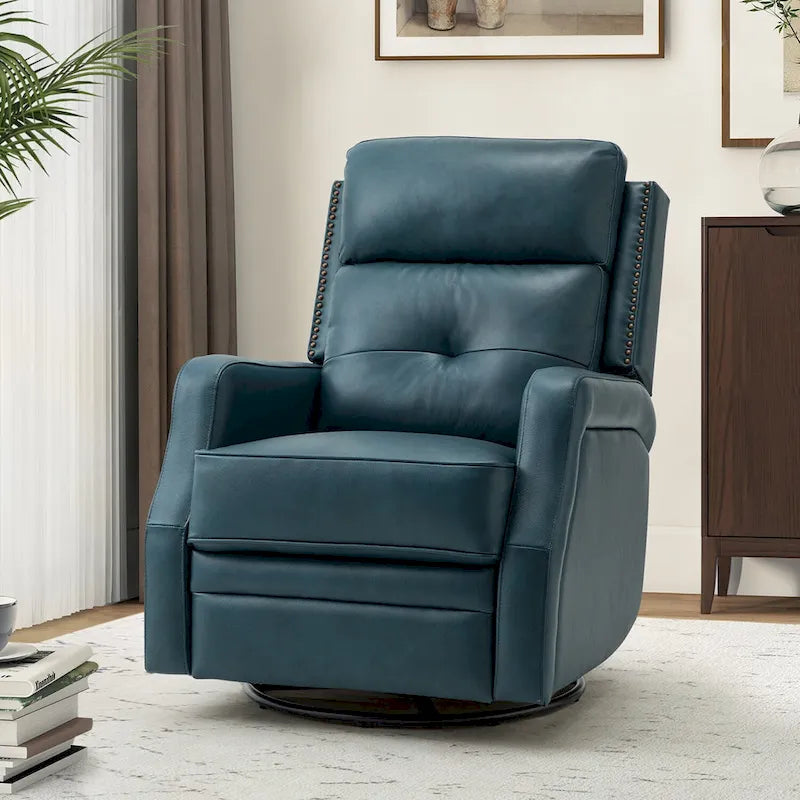 360-Degree Swivel Recliner with Tufted Back, Nailhead Trim and Metal Base