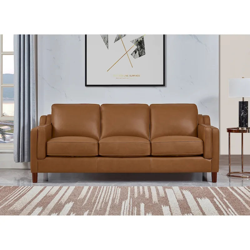 84-Inch Top-Grain Leather Sofa with Pocket Coil, Feather Down and Memory Foam Cushions