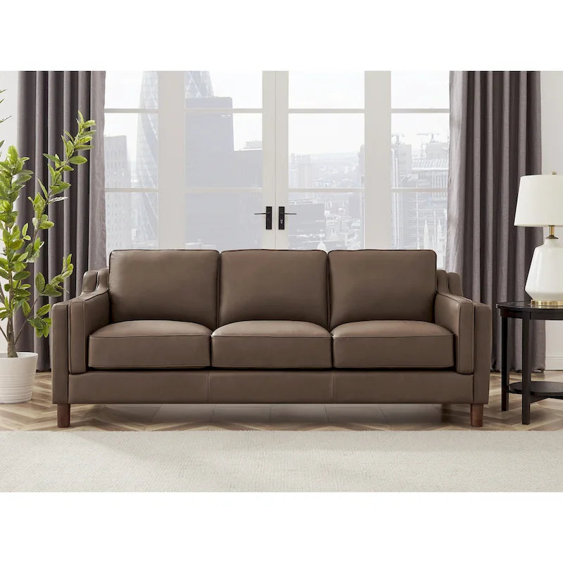 84-Inch Top-Grain Leather Sofa with Pocket Coil, Feather Down and Memory Foam Cushions