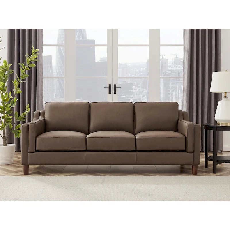 84-Inch Top-Grain Leather Sofa with Pocket Coil, Feather Down and Memory Foam Cushions