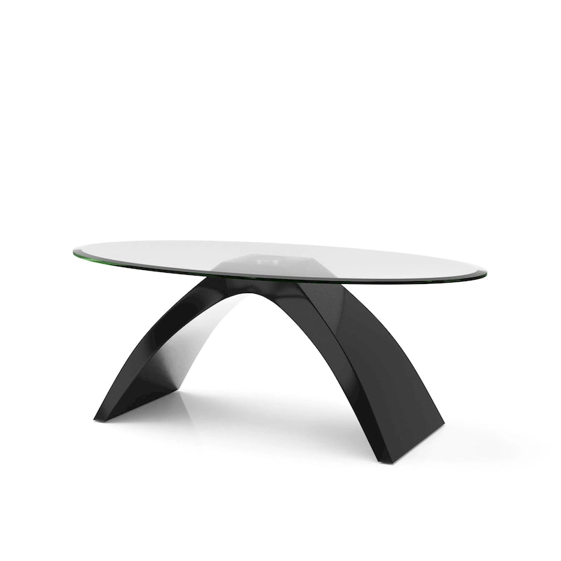 47-Inch Oval Glass Top Coffee Table with High Gloss Arched Base