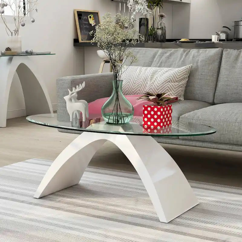 47-Inch Oval Glass Top Coffee Table with High Gloss Arched Base