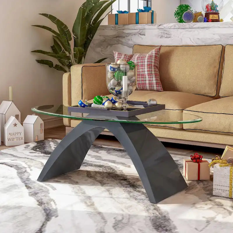 47-Inch Oval Glass Top Coffee Table with High Gloss Arched Base