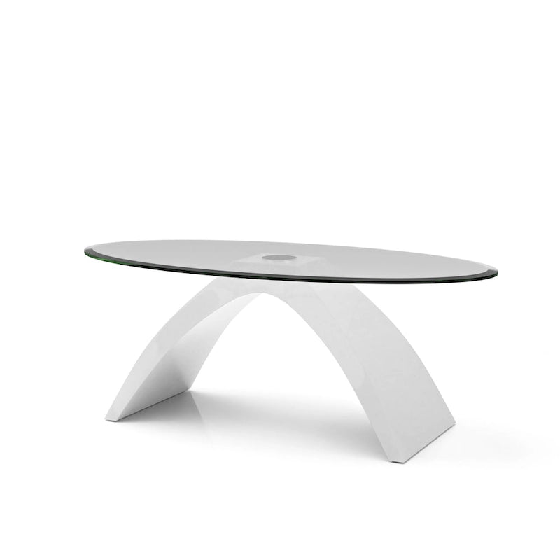 47-Inch Oval Glass Top Coffee Table with High Gloss Arched Base