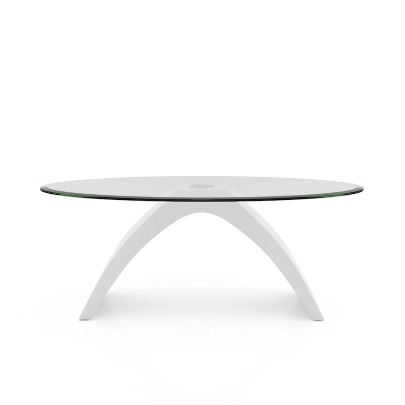 47-Inch Oval Glass Top Coffee Table with High Gloss Arched Base