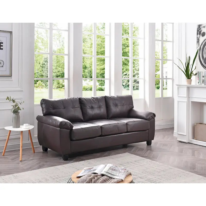 3-Seat Faux Leather Sofa with Pocket Coil Cushions, Tufted Back and Pillowtop Arms
