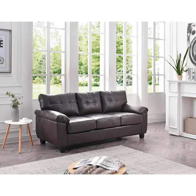 3-Seat Faux Leather Sofa with Pocket Coil Cushions, Tufted Back and Pillowtop Arms