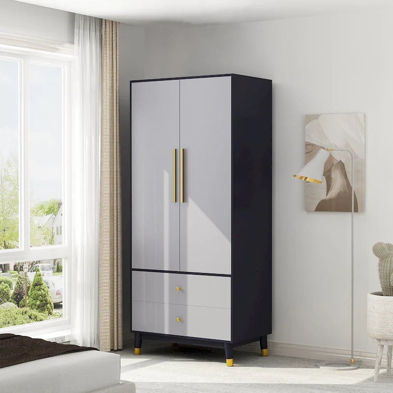 2-Door Wood Wardrobe Armoire with 2 Drawers and Open Shelf