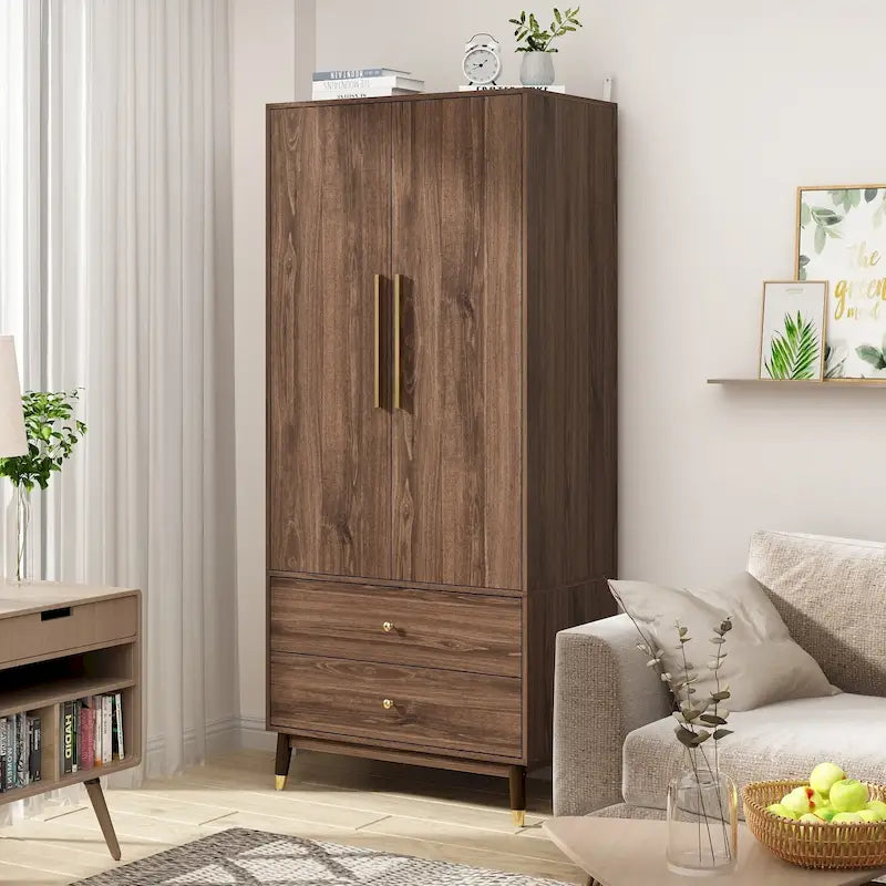 2-Door Wood Wardrobe Armoire with 2 Drawers and Open Shelf