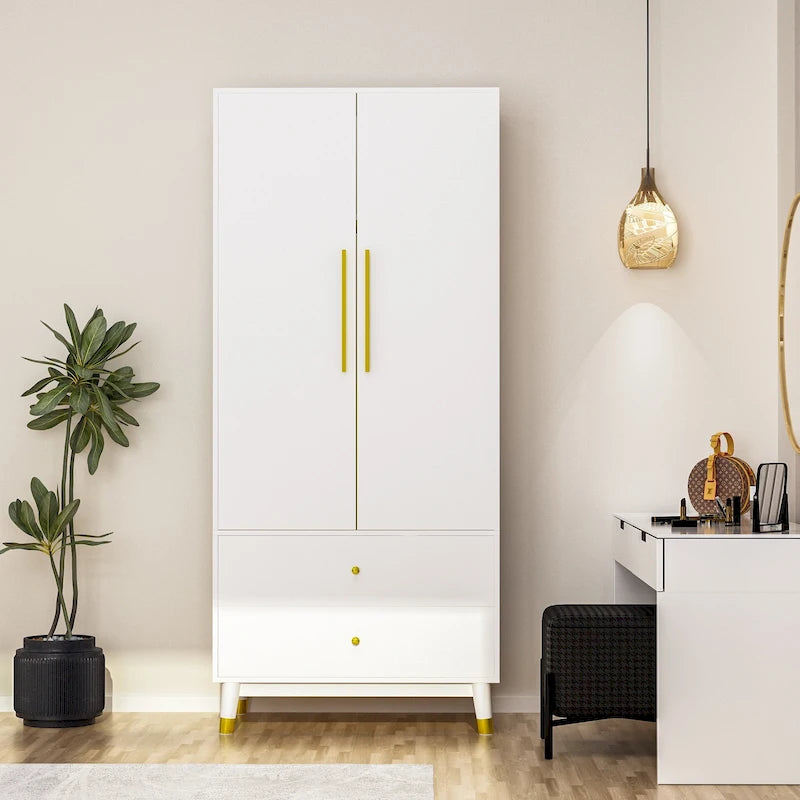 2-Door Wood Wardrobe Armoire with 2 Drawers and Open Shelf