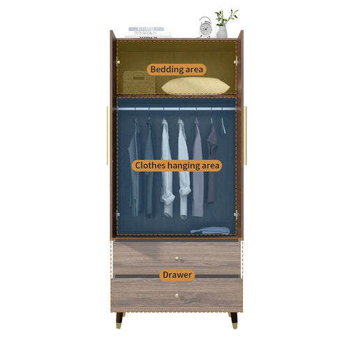 2-Door Wood Wardrobe Armoire with 2 Drawers and Open Shelf